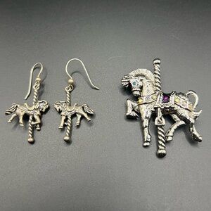 Vintage Signed DANECRAFT Carousel Horse Brooch Pin and Earrings Set